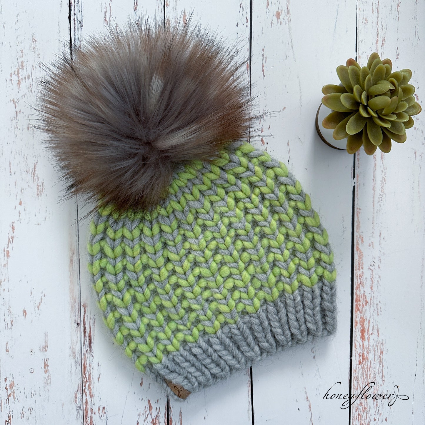 Riverbend beanie with pom | gray and lime green | 100% merino wool