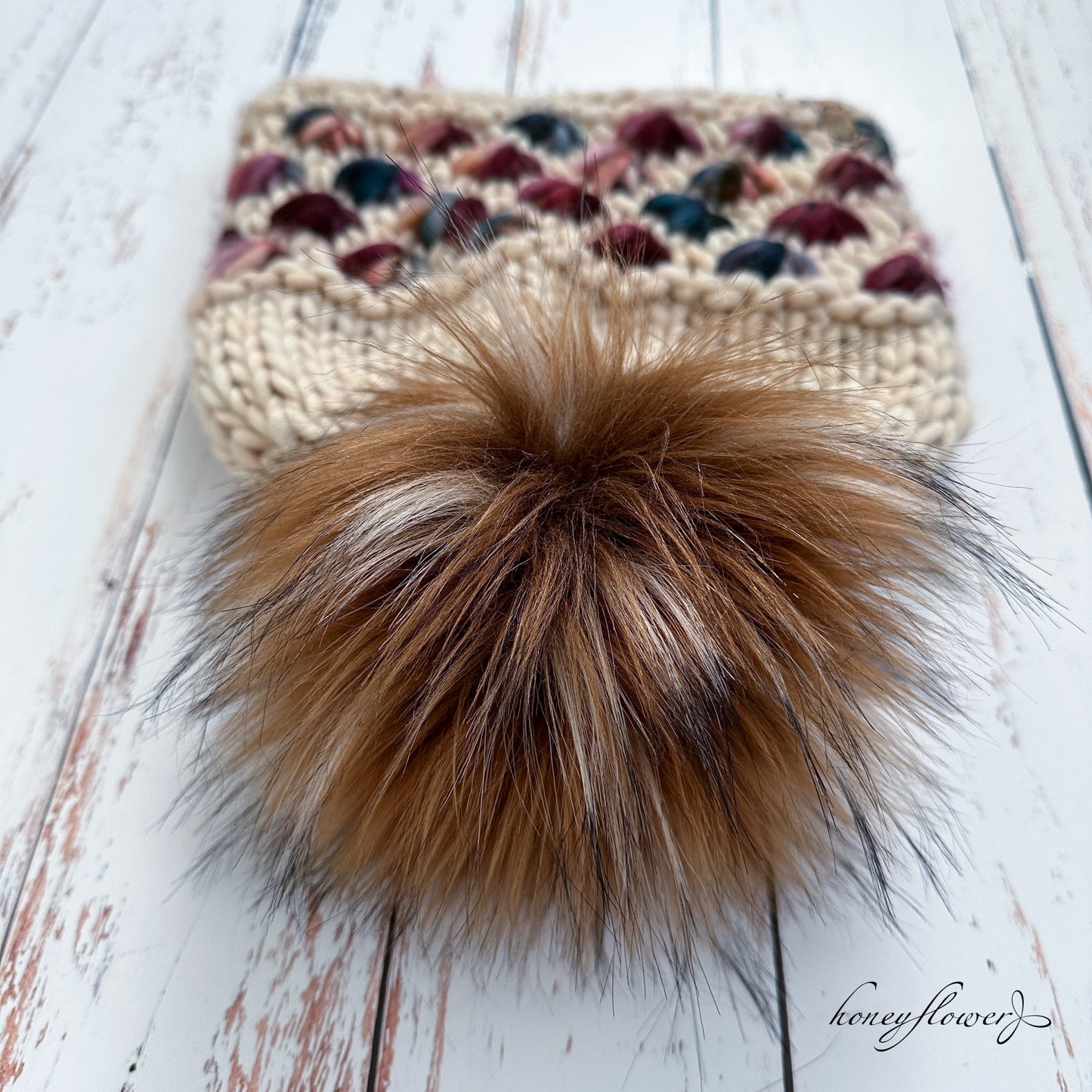 Lotus Flower brim hat with pom | jewel tones and cream | 100% merino wool