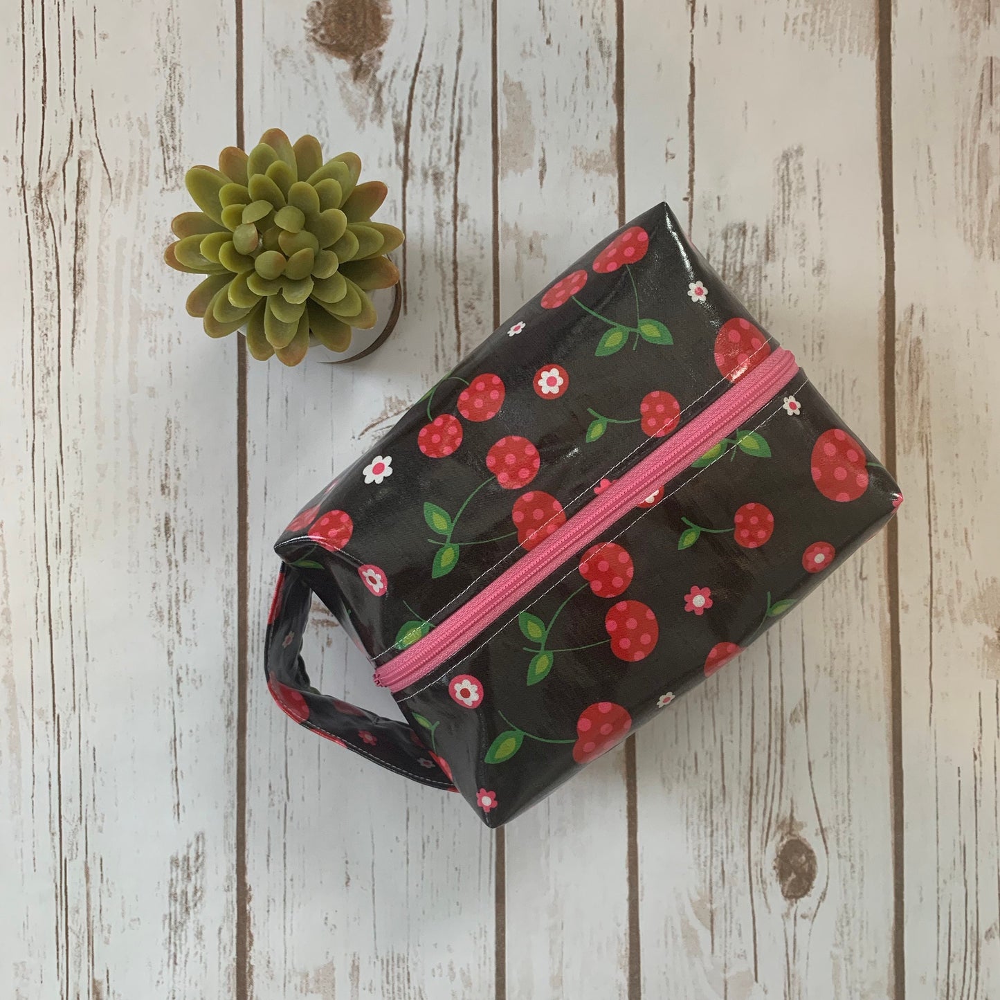 Zip Box Bag - cotton laminated water resistant zippered box bag - black with cherries