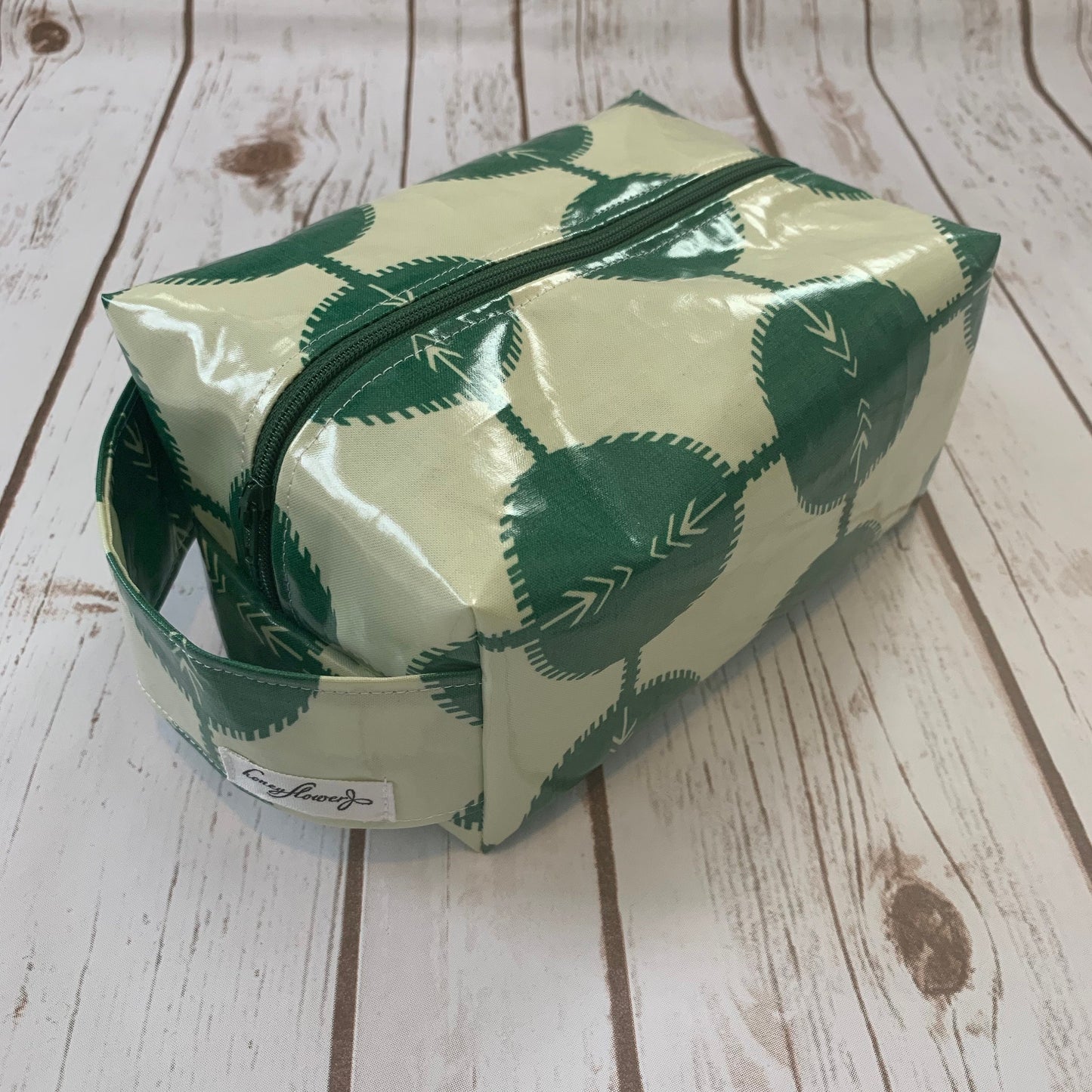 Zip Box Bag - water resistant cotton laminated zippered box bag - large green circle pattern