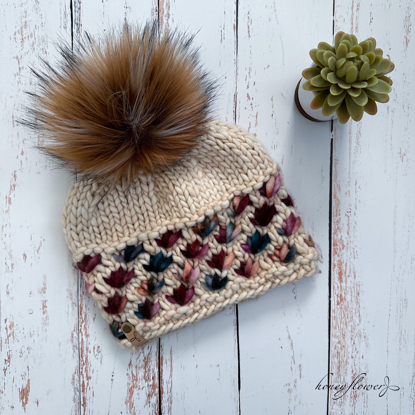 Lotus Flower brim hat with pom | jewel tones and cream | 100% merino wool