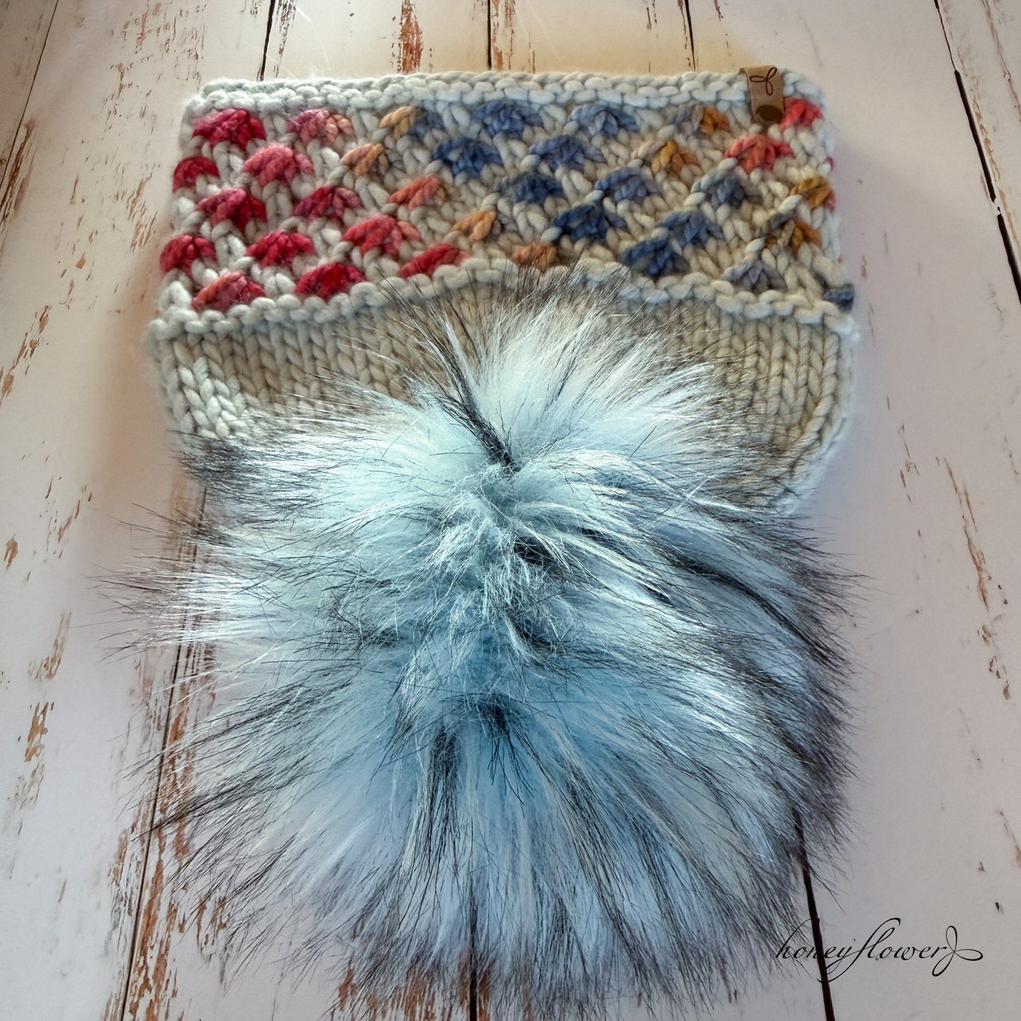 Lotus Flower brim hat with pom | glacial blue & coral | 100% merino wool