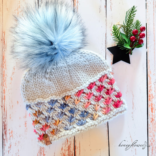 Lotus Flower brim hat with pom | glacial blue & coral | 100% merino wool
