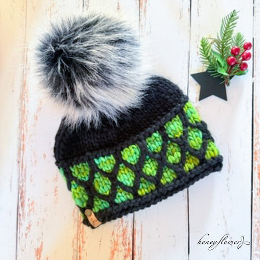 Looking Glass Brim hat with pom | black and chartreuse | 100% merino wool