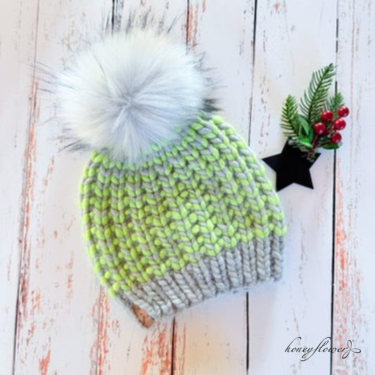 Riverbend beanie with pom | gray and lime green | 100% merino wool