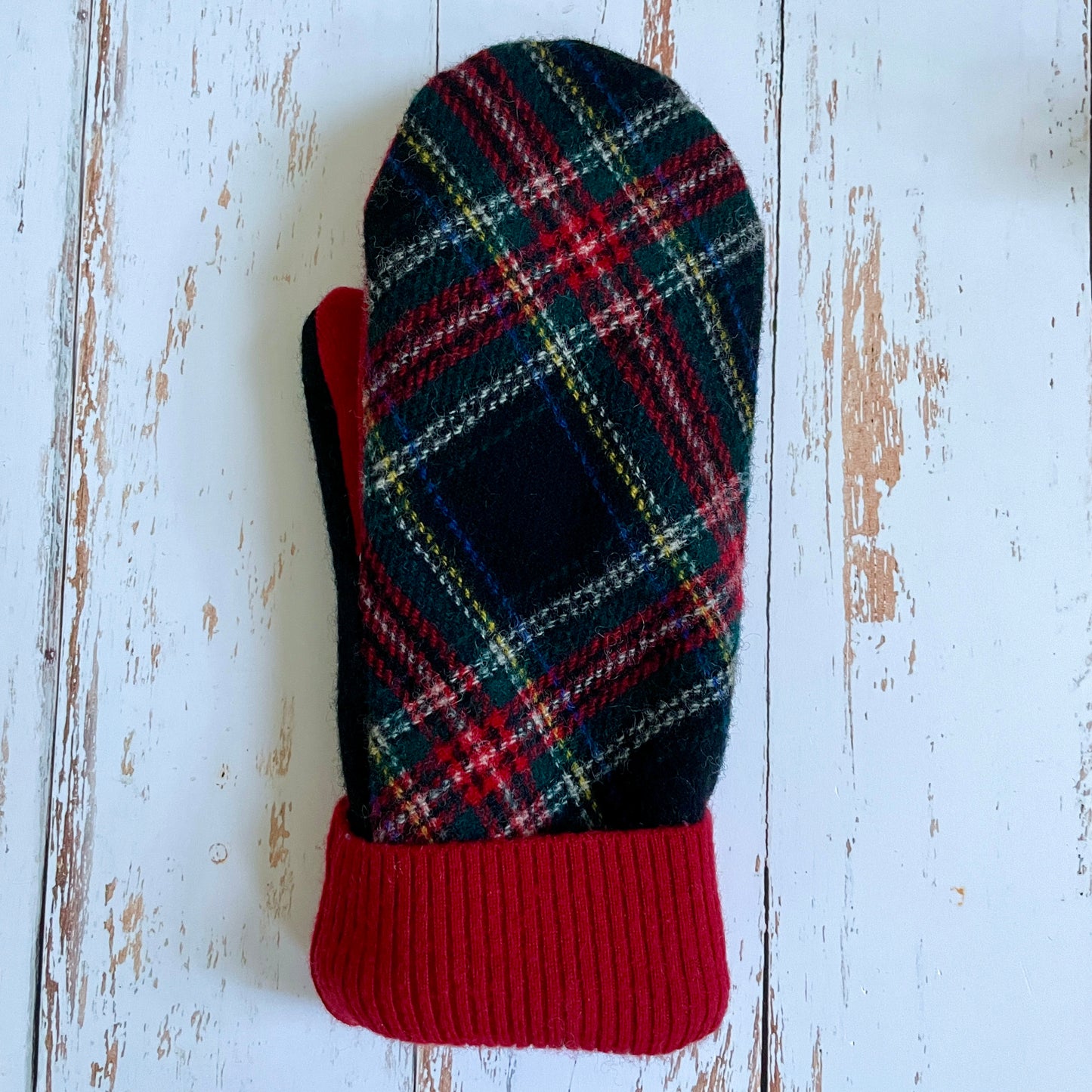 Upcycled Wool | Fleece Lined | Mittens | black & red plaid