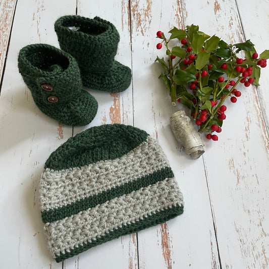 Falling for You Baby Hat & bootie set | pine and oatmeal | 6-9 months