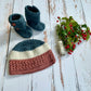 Falling for You Baby Hat & bootie set | slate blue and vintage rose | 6-9 months
