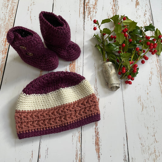 Falling for You Baby Hat & bootie set | vintage rose and plum | 6-9 months