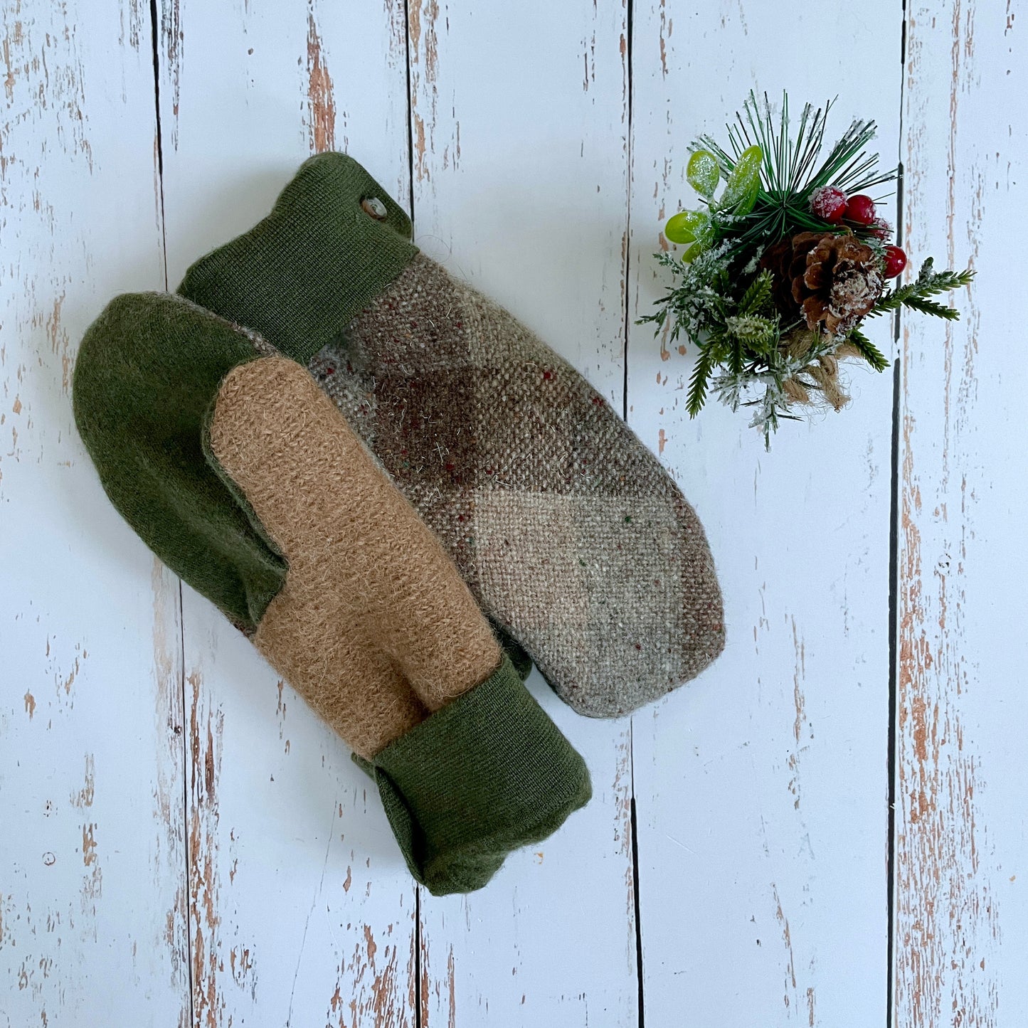 Upcycled Wool | Fleece Lined | Mittens | tan and olive