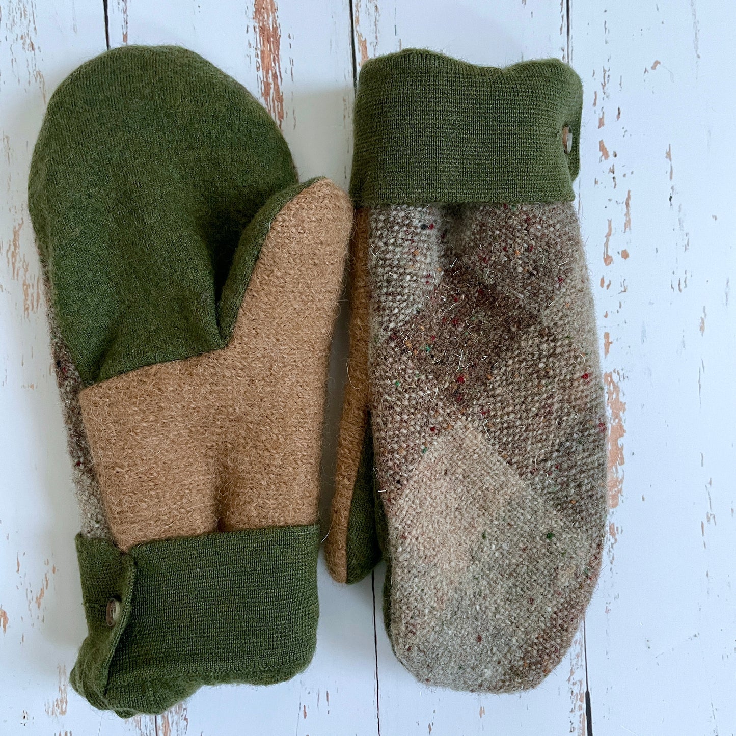 Upcycled Wool | Fleece Lined | Mittens | tan and olive