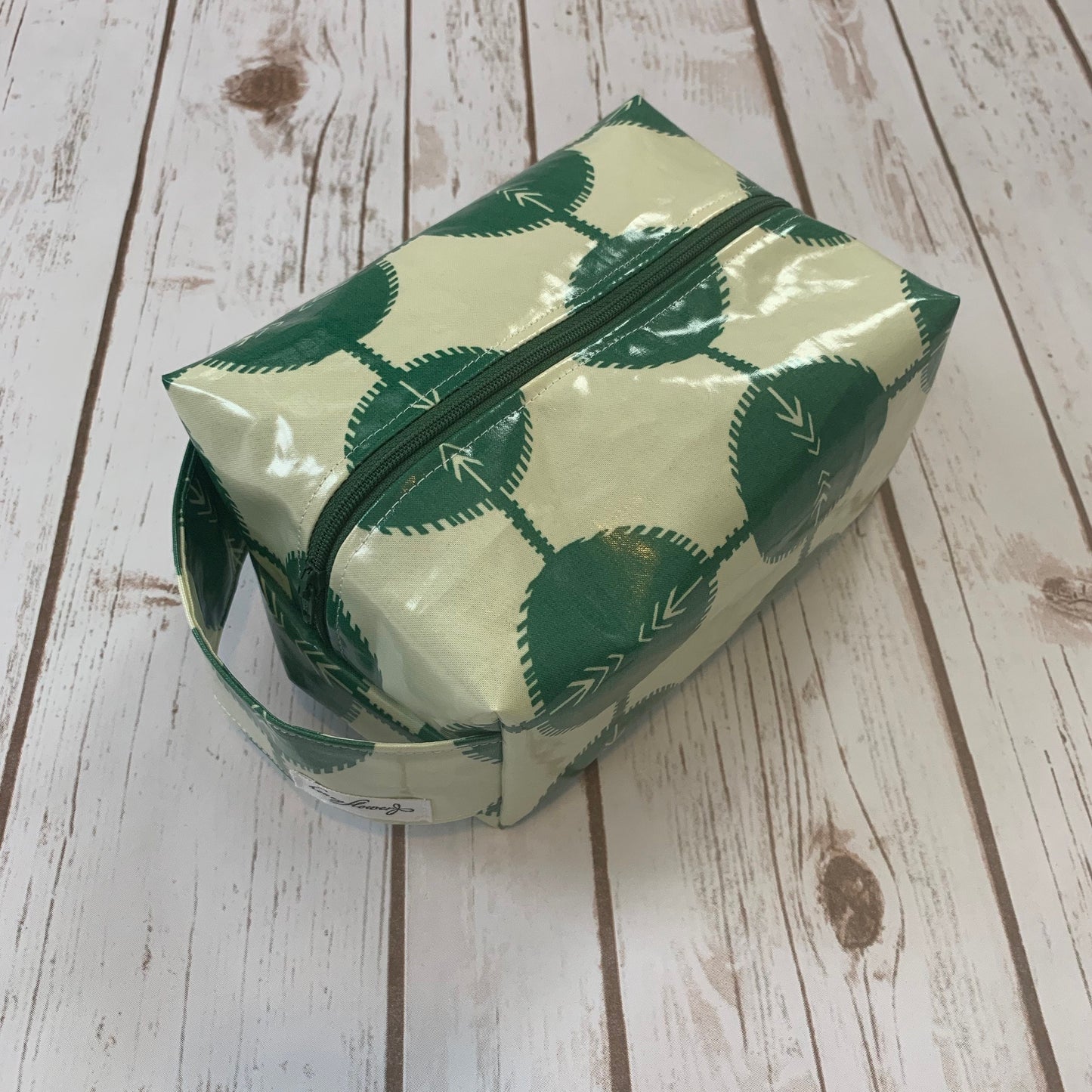 Zip Box Bag - water resistant cotton laminated zippered box bag - large green circle pattern