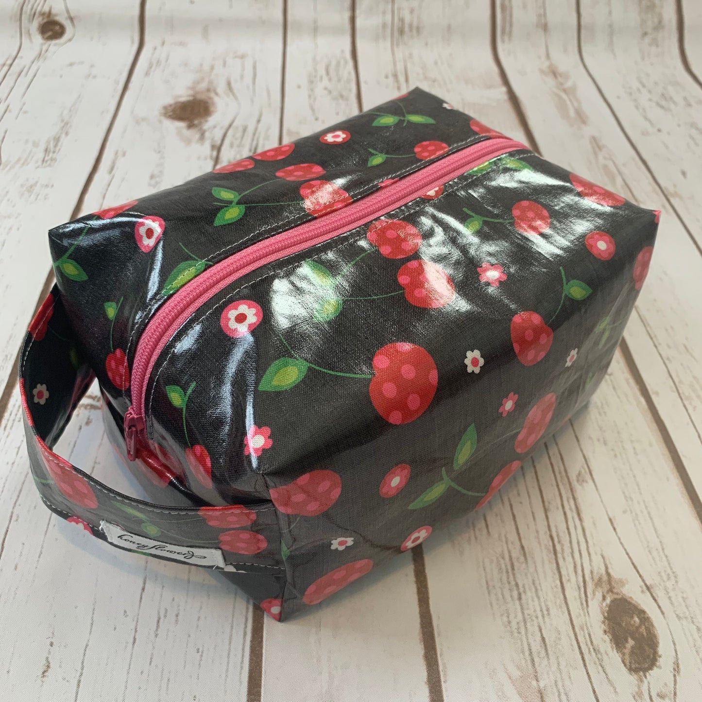 Zip Box Bag - cotton laminated water resistant zippered box bag - black with cherries