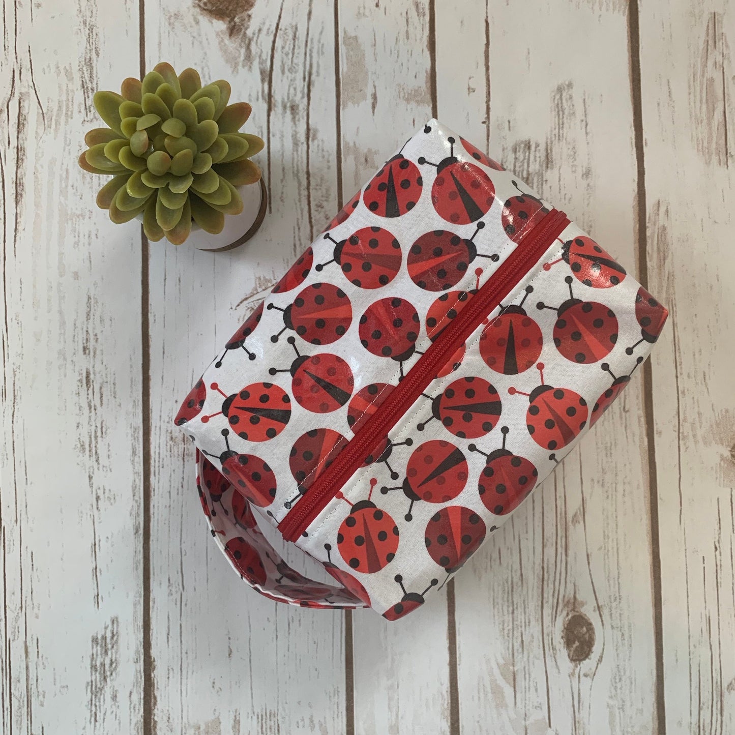 Zip Box Bag - waterproof cotton laminated zippered box bag - ladybugs