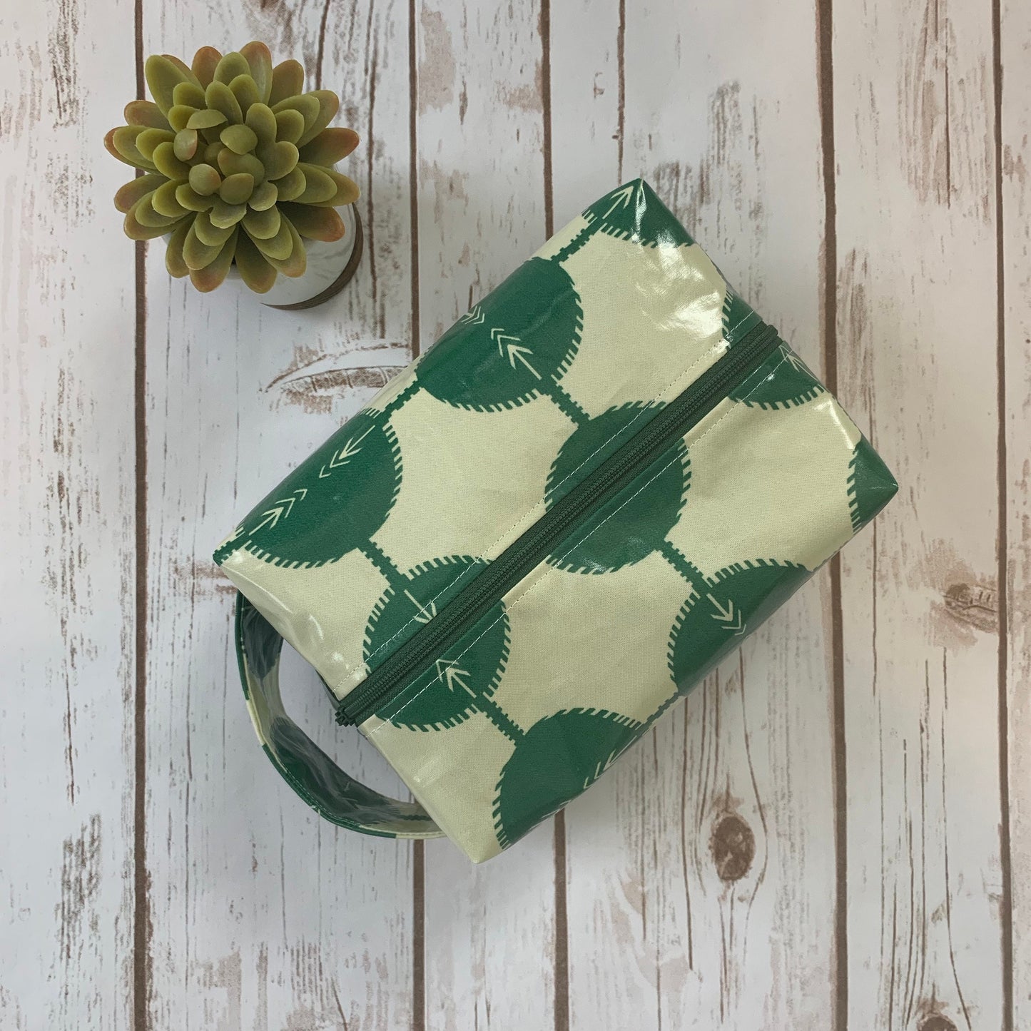 Zip Box Bag - water resistant cotton laminated zippered box bag - large green circle pattern